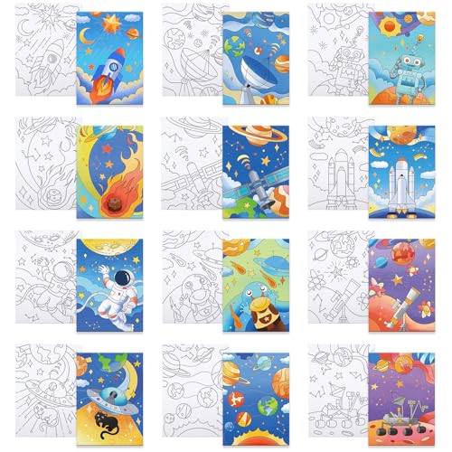 12 Packs Pre Drawn Canvas to Paint, Space Party Favors Pre Printed Canvas, Pre Stretched Canvas Outline Painting Boards for Beginners, Party Favor (5" X 7") - style: Space