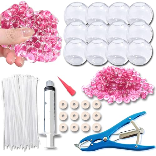 Dsyrvd 12PCS DIY Stress Ball Making Kit with Sealing Rubber Ring*12, Cable Tie*12, Balloon Expander Tool*1, Vacuum Tool*1, 100g Pink Filling Beads Great for Relieve Stress
