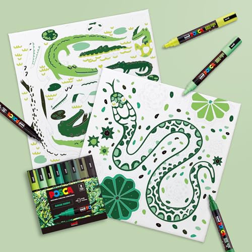POSCA Canvas Paint by Number Kit, Swamp & Slither - 8 Acrylic Markers with 2 Pre-Drawn Canvases - Gift Set for Artists, Adults and Kids - color: Swamp & Slither