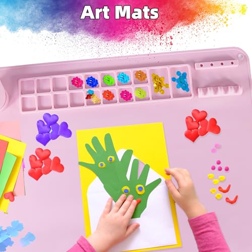 Silicone Painting Mat, 20"X16" Craft Mat,Large Art Mat with Built in Cup and Paintbrush Holder, Nonslip Clay Mats, Color Dividers Silicone Mats for Painting, Table, Resin and DIY Pink - color: Pink