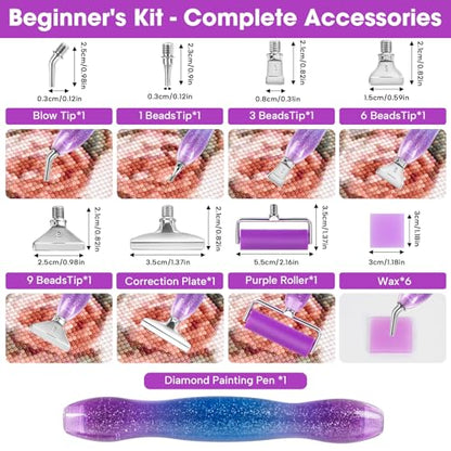 Ergonomic Diamond Painting Art Pen Accessories Kits with 6 Metal Tips, 6 Painting Glue Clay, Roller,Multi Placer Tips for DIY Crafts - style: XKZY