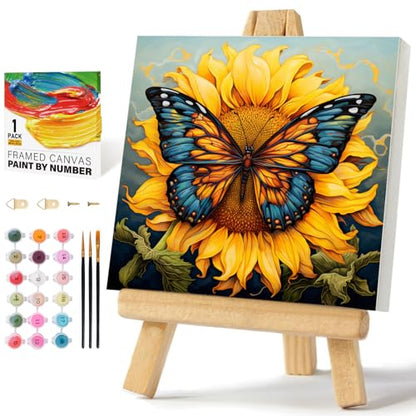 Framed Paint by Numbers Kit for Adults Beginners & Kids Ages 8-12, Butterfly Sunflower Acrylic Easy Paint by Number with Frame, Number Painting Kits on Canvas Framed (12 * 12 Inch, without Easel) - color: BOP1PF01, size: 12 x 12 Inch