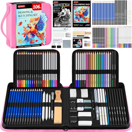 106 Pack Art Supplies Sketching Kit with 3-Color Sketchbook, Coloring Book, Tutorial, Graphite Colored Charcoal Watercolor & Metallic Pencils, Drawing Supplies Gift Case for Artists Beginners Adults - color: Pink, size: 106 Pack