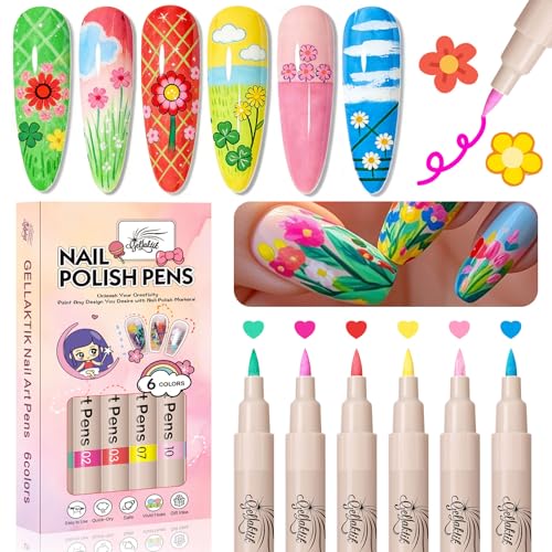 6 Colors Nail Art Pens Set, 3D Nail Polish Pens Quick-Drying Acrylic Paint Markers, Dotting Liner Brush for DIY Nail Design, Home & Salon Manicure Tools - color: black