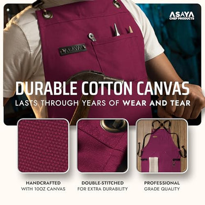 Asaya Chef and BBQ Apron with Bottle Opener and Hand Towel - 10oz Cotton Canvas, Stainless Steel Hardware - Cross Back Straps - color: Burgundy
