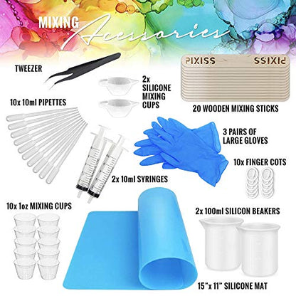 Silicone Resin Measuring Cups Tool Kit- Pixiss 100ml Measure Cups, 1oz Cups, Popsicle Stir Sticks, Pipettes, Finger Cots, Silicone Gloves, Silicone Mat for Epoxy Resin Mixing, Molds, Jewelry Making