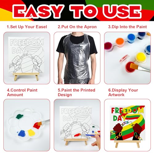 Cinrobiye 12 Pcs Juneteenth Canvas Craft Kit, DIY Pre Drawn Canvas Painting Activity Set with Easels Brushes and Aprons, Freedom Day Classroom Arts and Crafts Supplies for Group Event