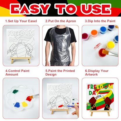 Cinrobiye 12 Pcs Juneteenth Canvas Craft Kit, DIY Pre Drawn Canvas Painting Activity Set with Easels Brushes and Aprons, Freedom Day Classroom Arts and Crafts Supplies for Group Event