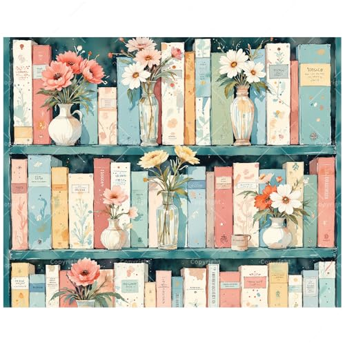 Floral Library Paint by Numbers Kit for Adults - DIY Books and Blooming Vases Painting on Canvas, Acrylic Paint Set, Suitable for Beginners, Art for Home Decoration or Gifts(16X20IN Framed) - color: TCXY08575-16X20IN Framed