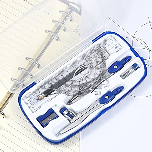 Unjoo Math Geometry Kit Sets 10 Piece Student Supplies with Shatterproof Storage Box,Includes Rulers,Protractor,Compass,Eraser,Pencil Sharpener,Lead Refills,Pencil,for Drafting and Drawings（Navy blue） - color: Navy Blue