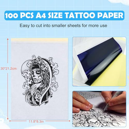 Tattoo Transfer Paper, 100 Sheets Tattoo Stencil Paper, Stencil Paper for Tattooing- A4 Sizes, Tattoo Stencil Kit, Carbon Tracing Pape,4 Layers Thermal Transfer Paper DIY Tattoo