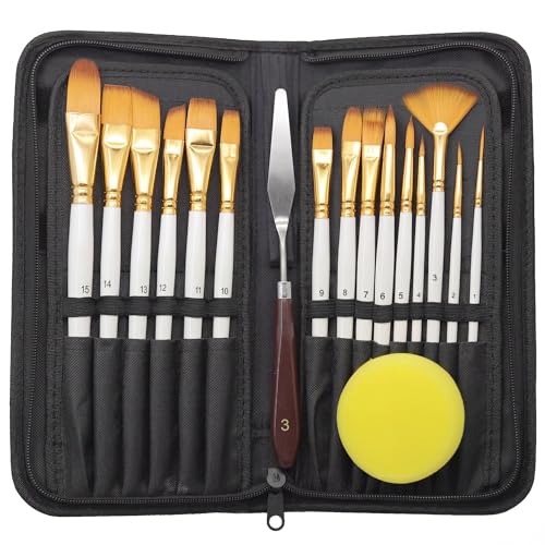 17Pcs Paint Brush Set with Palette Knife & Sponge, Standing Storage Case as Brush Holder, Professional Artist Brushes for Acrylic, Oil, Watercolor
