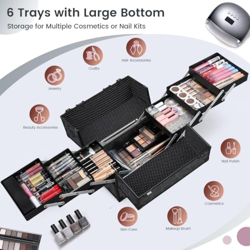 FRENESSA Makeup Train Case Makeup Case 11.8 Inch Large Cosmetic Box Organizer Travel Storage Professional Make Up Train Carrying Case with 6 Trays Locking Hard Vanity Storage Dark Black - color: Dark Black