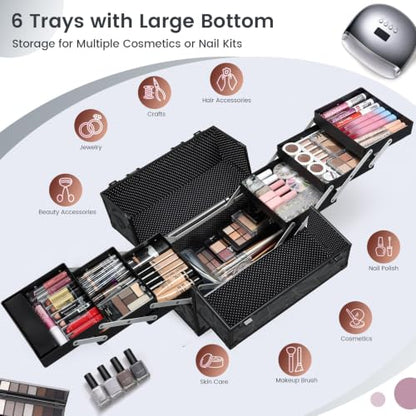FRENESSA Makeup Train Case Makeup Case 11.8 Inch Large Cosmetic Box Organizer Travel Storage Professional Make Up Train Carrying Case with 6 Trays Locking Hard Vanity Storage Dark Black - color: Dark Black