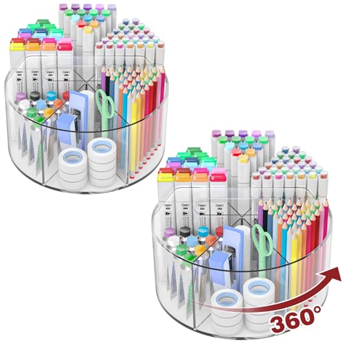 Absonic 500 PCS Acrylic Pencil Holder, 360 Rotating Clear Marker Organizer, Pen Crayon Marker Caddy Organizer for Desk, Desktop Storage and Organizer for Office School Art Supplies, 2 Pack - color: Clear - Large - 2 Pack - With Handle