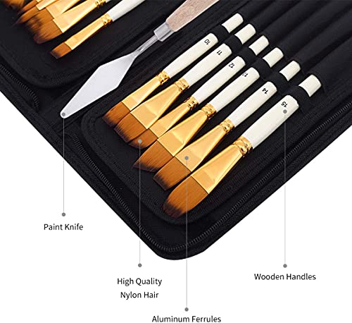 URBAN BOX Artist Paint Brush Set 15pcs Includes Pop-up Carrying Case with Painting Knife and 1 Sponge for Acrylic, Oil, Watercolor, Art, Scale Model, Face, Paint by Numbers