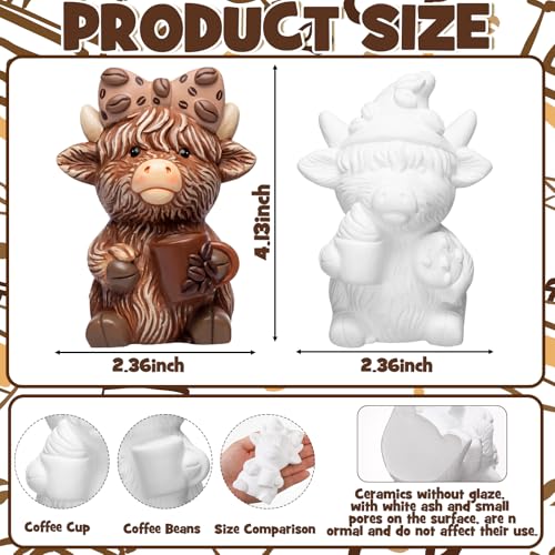 Poen 2 Set Coffee Highland Cow Ready to Paint Your Own Statue Sweet Coffee Lover Gift 4" Mini Paintable Ceramics Blank Cow Figurine Brush Palette Paint for Craft DIY Home Decor Adult Mother's Day - style: Coffee Highland Cow