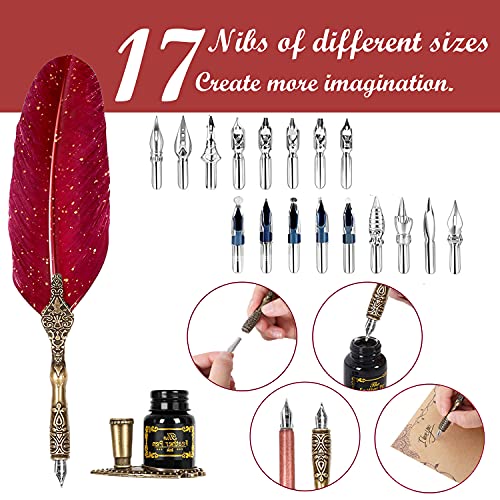 Quill Pen and Ink Set, Includes Feather Pen, Wooden Dip Pen, 17 Replacement Nibs, Pen Base, 3 Wax Seal Sticks, Stamp, White Wax, Spoon, Envelope Letter Paper, Envelope Tool (Red)