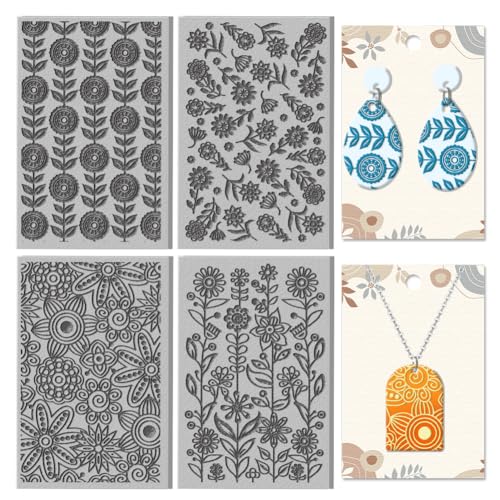 CHGCRAFT 4 Sheets Abstract Flowers Polymer Clay Texture Mat Seamless Pattern Clay Modeling Pattern Pad Geometric Flowers Texture Sheets for Polymer Clay Making Earrings Jewerly Tools, 4×2.6 inch - style: Flowers
