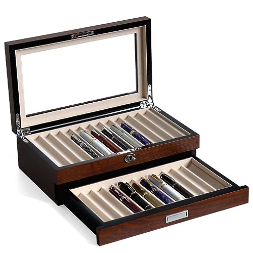 Pen Display Case with 24 Slots - Fountain Pen Storage Organizer with Glass Window (Brown Ash Veneer Finish, Creamy-White Velvet) - color: brown 24 slots, white velvet