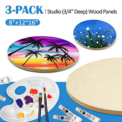Falling in Art Unfinished Round Birch Wood Canvas Panels Kit, 3 Pack of 3 Sizes 8', 12' and 16' Studio 3/4’’ Deep Cradle Boards for Pouring Art, Crafts, Painting, and More - size: 8'+12'+16' round 1 PACK