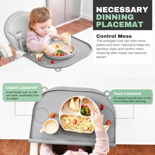 Large Silicone Suction Table Mat, 17" x 12" Thick Placemat with Edge-Bumper, Raised Edge Leakproof, Non-Slip for Kids Toddler Baby Essentials Dinning, Restaurant Eating, Plates, Art, Craft & Painting - color: Gray