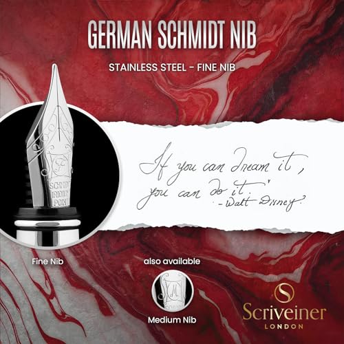 Scriveiner Deep Crimson Red Fountain Pen - Stunning Luxury Pen with Chrome Finish, Schmidt Nib (Fine), Best Pen Gift Set for Men & Women, Professional, Executive, Office, Nice Pens - color: 12. Crimson Red with Chrome, style: Fine Nib