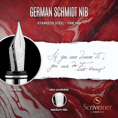 Scriveiner Deep Crimson Red Fountain Pen - Stunning Luxury Pen with Chrome Finish, Schmidt Nib (Fine), Best Pen Gift Set for Men & Women, Professional, Executive, Office, Nice Pens - color: 12. Crimson Red with Chrome, style: Fine Nib
