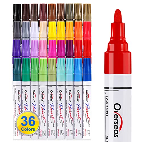 Overseas Oil Based Paint Pens, 36 Colors Permanent Paint Markers | Medium Tip, Waterproof, Quick Dry, Fade Resistant, Assorted Colors Marker Pen for Metal, Wood, Rock, Glass, Plastic, Rubber - size: 1 Count (Pack of 36)