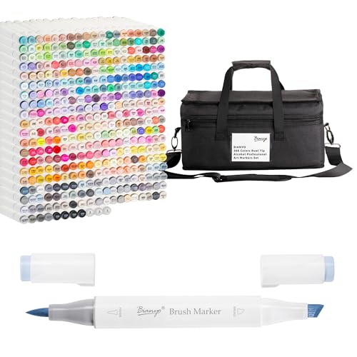 Bianyo 366 Colors Dual Tip Alcohol Markers Set, Professional Brush & Chisel Art Markers for Coloring, Sketching, Portraits, Comics, Fashion & Illustration, Includes Storage Bag with Shoulder Strap - color: 366 Colors + 3 Extra Black Markers + 3 Colorless