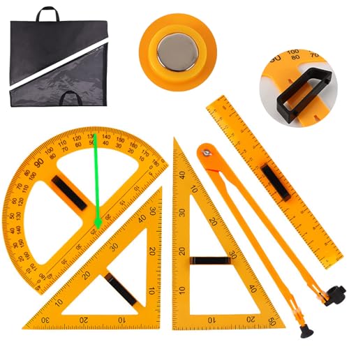 5PCS Magnetic Geometry Set, 60°45°Triangle Ruler Protractor Compass Set with Non Slip Handle, Large Geometry Ruler Drawing Tools for Teachers on Whiteboard Math Classroom - color: Ruler Compass Protractor Set of 5