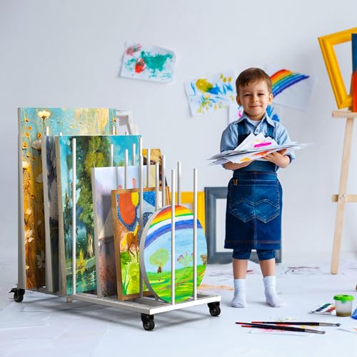 Rolling Art Canvas Storage Rack on Wheels, Adjustable Metal Framed Artwork Drying Holder, Large Vertical Picture Frame Display Stand for Painting Boards, Framed Picture, Shipping Box (White) - color: White