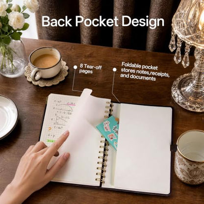 POPRUN Graph Paper Spiral Journal Notebook, [A5-5.75'' x 8.25''] - 120 GSM Thick Paper, 141 Numbered Pages, Grid Notebooks for Men & Women with Pocket, Index Tabs, 8 Perforated Sheets,Black - color: Black, style: Grid