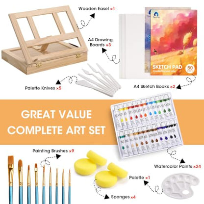 VigorFun Painting Supplies Set, 49 Pieces Watercolor Painting Kit with Wooden Tabletop Easel, Includes Watercolor Paints, Brushes, Palette, Canvas Panels and Painting Pads, for Artists, Adults