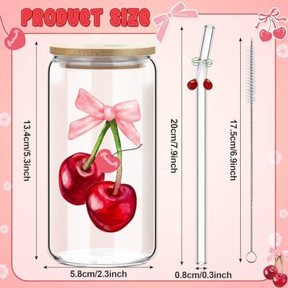 4 Set 16 oz Coquette Bows Glass Cups with Lids and Bows Straws Cleaning Brushes Aesthetic Iced Coffee Cup Reusable Mug for Women Sister Birthday Gift Not Dishwasher Safe(Pink,Cherry) - color: Pink, size: Cherry