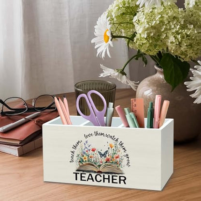 DILSJ Para Appreciation Gifts Pencil Holder Organizer for Desk, Thank You Teacher Gift, Teach Them Love Them Watch Them Grow Wooden Box Signs for Book Lovers Gifts Desk Tabletop School Supplies - color: Flower-1