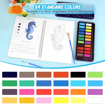 Watercolor Workbook, 24 Colors Solid Paint Set, Ocean Themed DIY Patterns, Anti-Bleed Paper, Beginner Friendly Art Kit For Adults