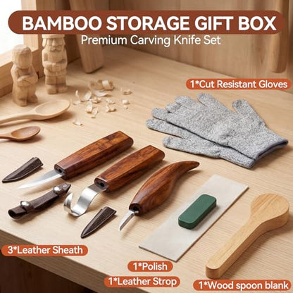 WAYCOM 12pcs Wood Whittling Kit Wood Carving Tools Set Hook Carving Knife,Detail Wood Knife,Whittling Knife Cut Resistant Gloves Leather Sheath And Bamboo Present Box For Spoon,Bowl,Cup