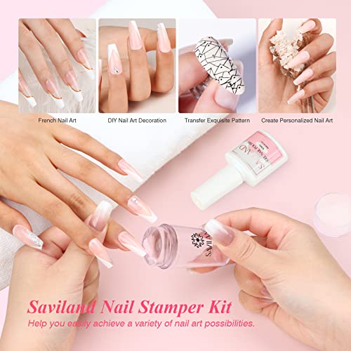 Saviland French Manicure Kit: French Tip Nail Stamp with White Gel Nail Polish Set, Jelly Silicone Nail Stamper Nail Stamper Kit for French Nails Home DIY Nail Salon - color: 1B-2White