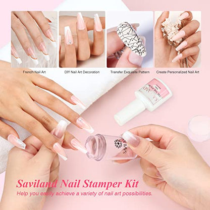 Saviland French Manicure Kit: French Tip Nail Stamp with White Gel Nail Polish Set, Jelly Silicone Nail Stamper Nail Stamper Kit for French Nails Home DIY Nail Salon - color: 1B-2White