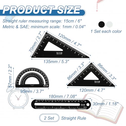 HARFINGTON 8pcs Triangular Ruler Set 15cm/6" Aluminum Alloy Straight Geometric Protractor Triangle Engineering Scale Drafting Ruler Measuring Drawing Tool for Classroom, Silver White/Black - color: Silver White/Black
