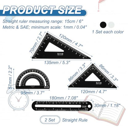 HARFINGTON 8pcs Triangular Ruler Set 15cm/6" Aluminum Alloy Straight Geometric Protractor Triangle Engineering Scale Drafting Ruler Measuring Drawing Tool for Classroom, Silver White/Black - color: Silver White/Black