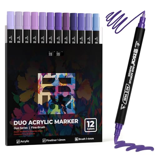 ZSCM QUALITY DECIDES THE FUTURE 12 Purple Acrylic Paint Markers, Dual Tip Acrylic Brush Pens with Fine Tip & Brush Point, Royal Purple Acrylic Markers for Wood Canvas Stone Glass Rock Painting - color: 12 Purple