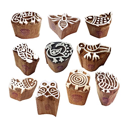 Mehndi Wooden Blocks Rural Small Animal Bird Design Printing Stamps (Set of 10) - color: Htag2124