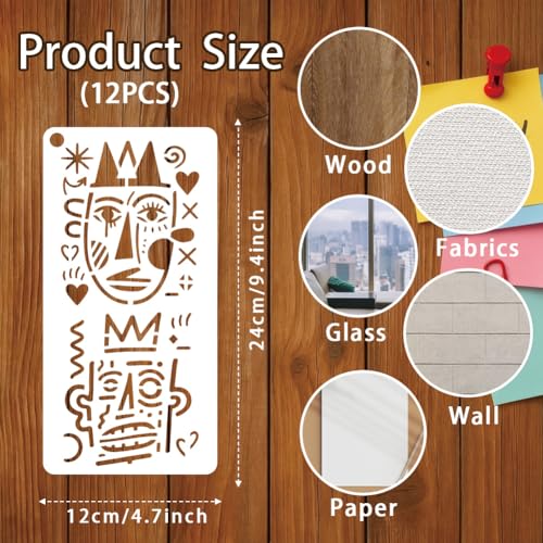12 Sheets Abstract Face Stencils for Painting, 12 Styles Whimsical Line Art Face Wall Stencil Template Reusable Portrait Face Stencils for Painting on Wall Wood Home Decor - style: Facial Feature