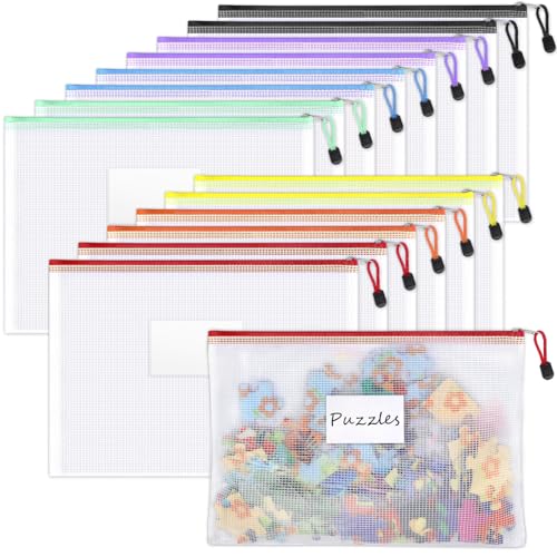 Sooez 14 Pack Mesh Zipper Pouch Bags, A4 Letter Size, Zipper Bags with Label Pocket, Waterproof Bag for Classroom Organizer, School Office Teacher Supplies, Storage Pouches for Board Game Toy Storage - style: 14 Pack