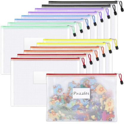 Sooez 14 Pack Mesh Zipper Pouch Bags, A4 Letter Size, Zipper Bags with Label Pocket, Waterproof Bag for Classroom Organizer, School Office Teacher Supplies, Storage Pouches for Board Game Toy Storage - style: 14 Pack