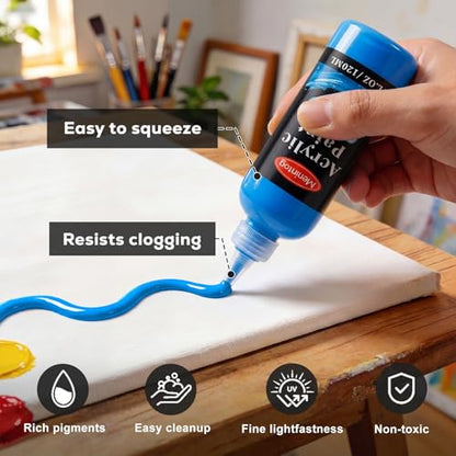 Acrylic Paint Set, 24 Colors, 4 oz/120ml Bottles | Rich Pigments, Water Proof, For Artists, Beginners and Kids, Canvas Rocks Wood Ceramic Fabric - color: 120ml 24 Colors