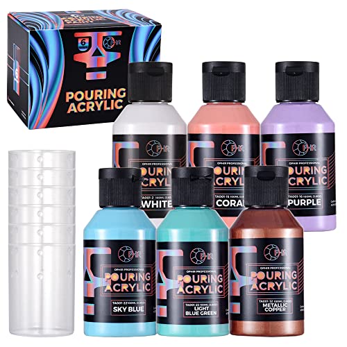 OPHIR Acrylic Pouring Paint Set, 3.8oz/Bottles, White, Coral, Purple,Sky Blue, Light Blue Green, Metallic Copper, High Flow Water-Based Acrylic Pour Paint for Pouring on Canvas, Wood, Rocks, 6 Colors - color: Chalk Colors Set (6 Bottles)