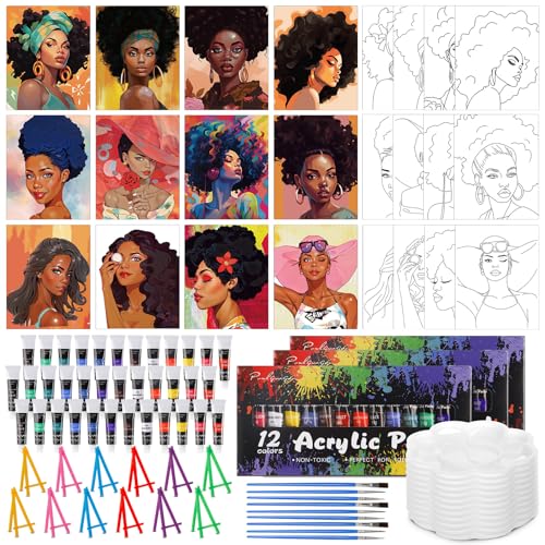 Sherr 108 Pcs 12 Set Lady Sip and Paint Kit for Adults 8''x10'' Pre Drawn Canvas to Paint DIY Acrylic Painting Kit Pre Printed Canvas for Date Night Juneteenth Party Team Building - style: Lady